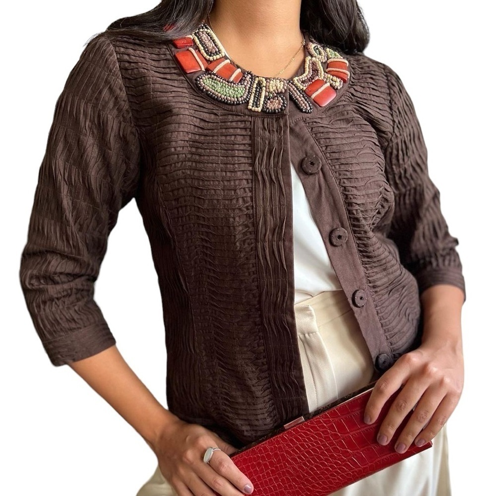 Chico's Pleated Cotton Blazer Jacket Wood Tile Beaded Neckline Detail Size 3